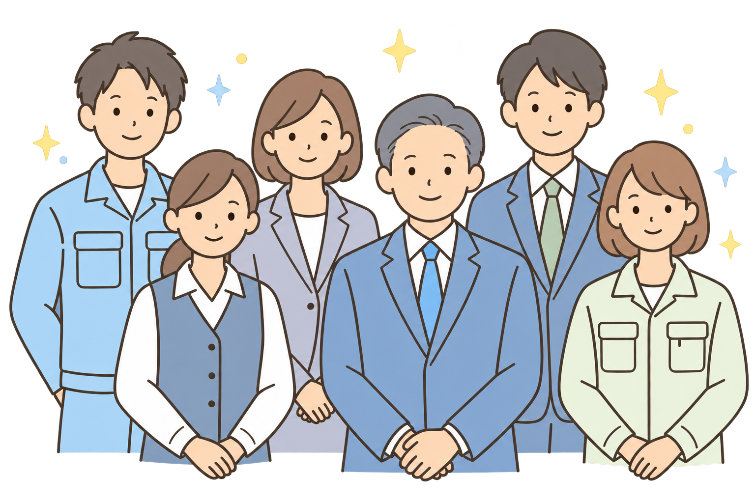 笑顔で集まる中小企業の社長と、スーツ・事務服・作業着姿の従業員